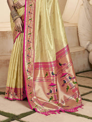 Stunning Beige Zari Weaving Silk Festival Wear Paithani Saree With Blouse