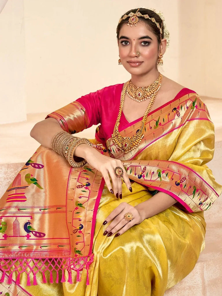 Fabulous Yellow Zari Weaving Silk Paithani Saree With Blouse