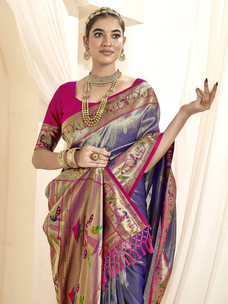 Attractive Purple Zari Weaving Silk Function Wear Paithani Saree