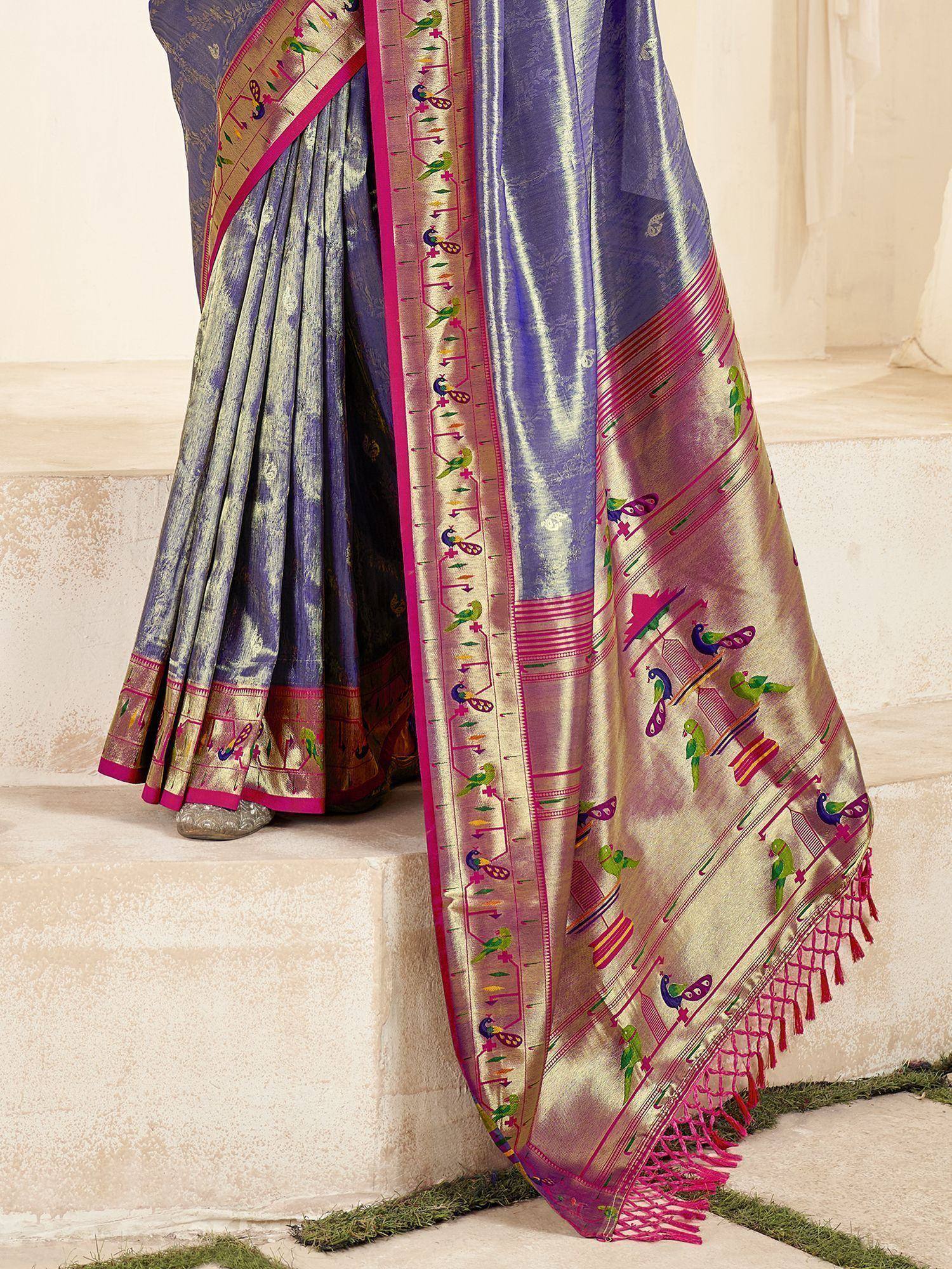 Purple and gold designer saree with bird motifs and pink border, ethnic wear for women
