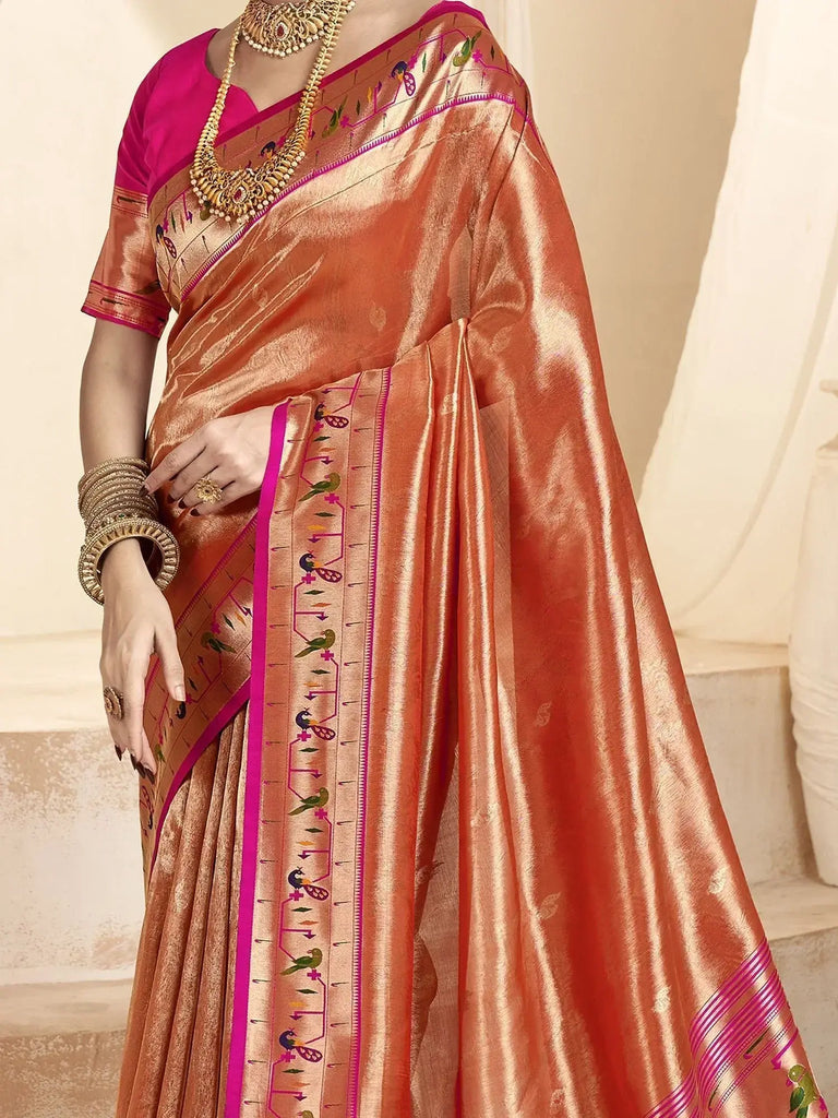 Glamorous Orange Zari Weaving Silk Festival Wear Paithani Saree