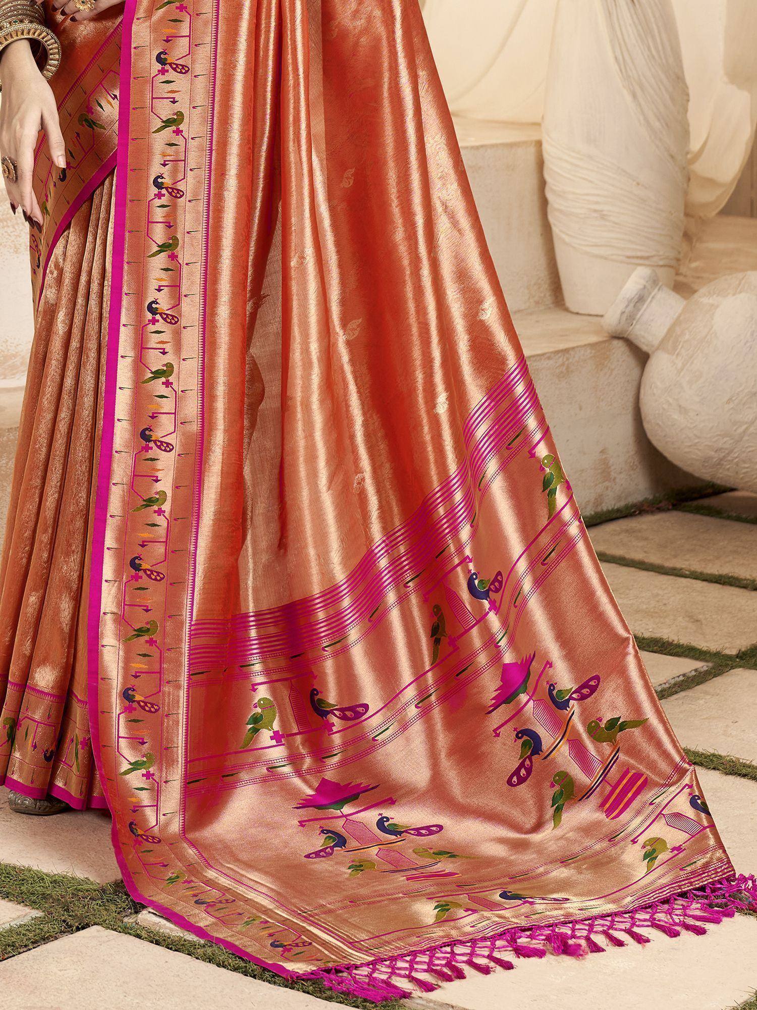Orange silk saree with pink bird motifs and tassels, Indian ethnic wear