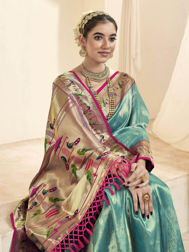 Alluring Turquoise Zari Weaving Silk Paithani Saree With Blouse