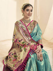 Alluring Turquoise Zari Weaving Silk Paithani Saree With Blouse