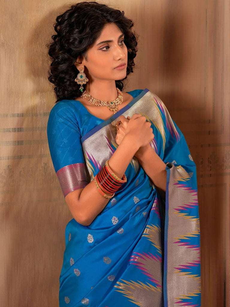 Mesmerizing Blue Zari Weaving Banarasi Silk Event Wear Saree