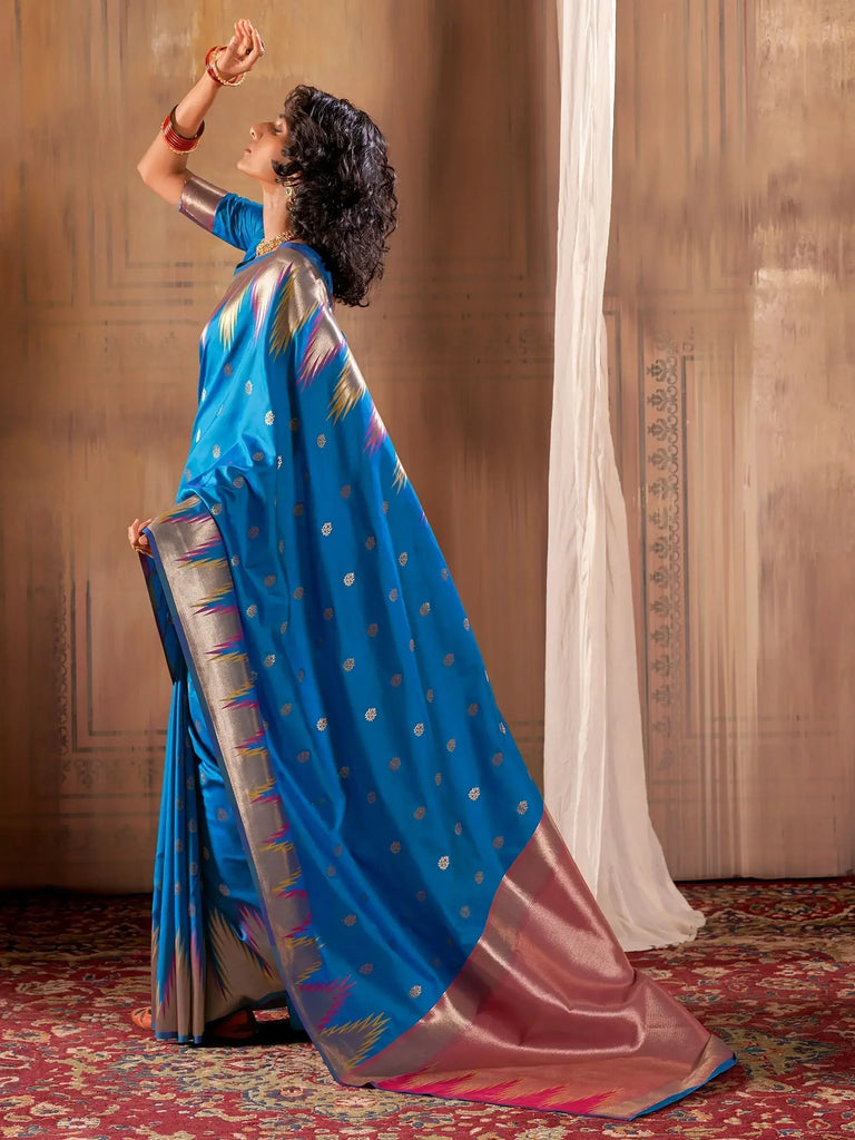 Mesmerizing Blue Zari Weaving Banarasi Silk Event Wear Saree