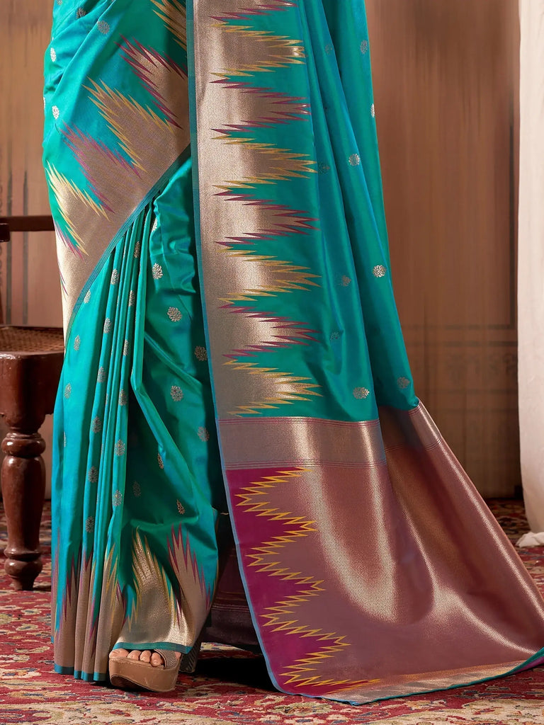 Captivating Teal Green Zari Weaving Banarasi Silk Saree With Blouse