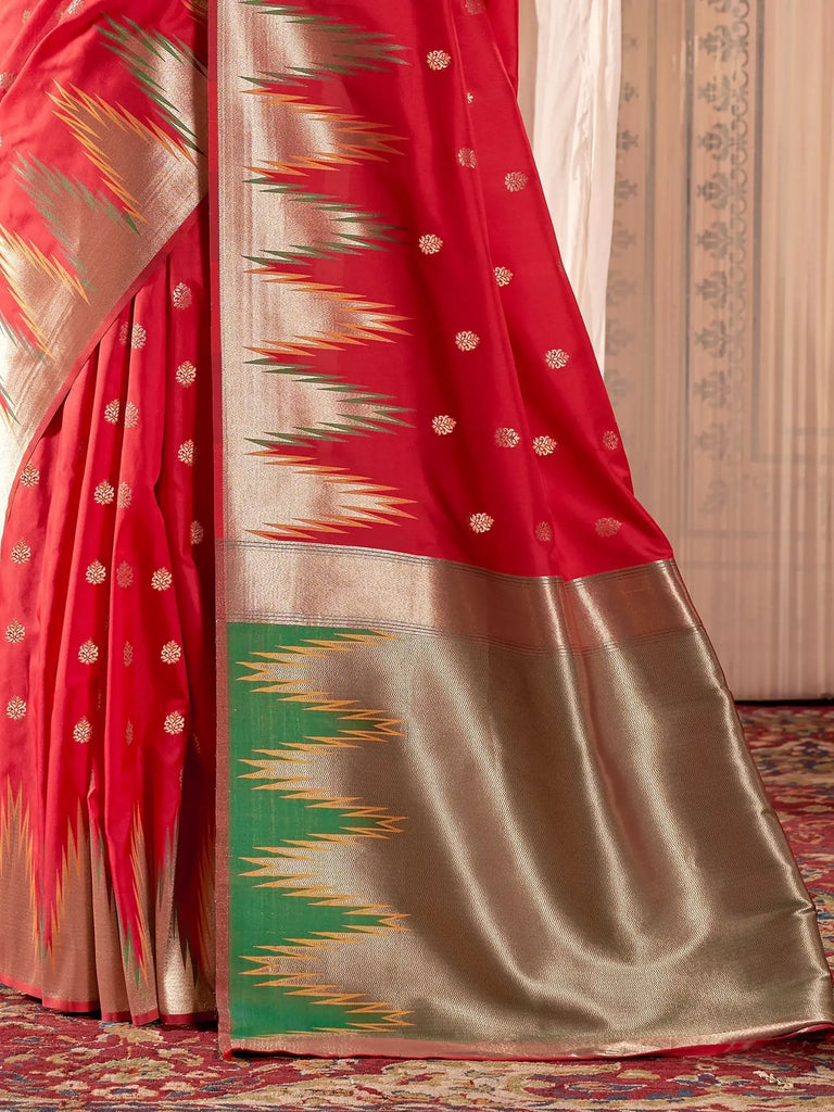 Beautiful Red Zari Weaving Banarasi Silk Wedding Wear Saree With Blouse