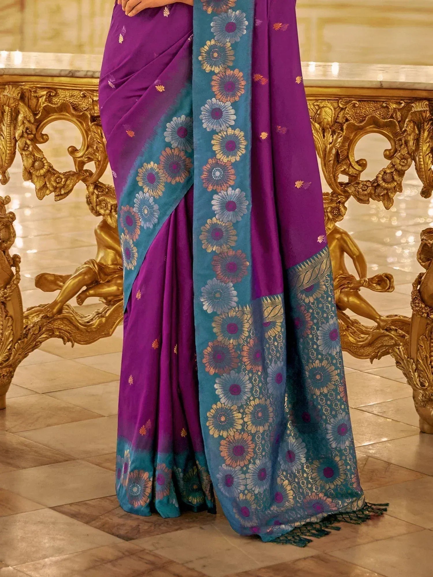 Purple and teal floral saree with gold accents, elegant Indian ethnic wear for festive occasions