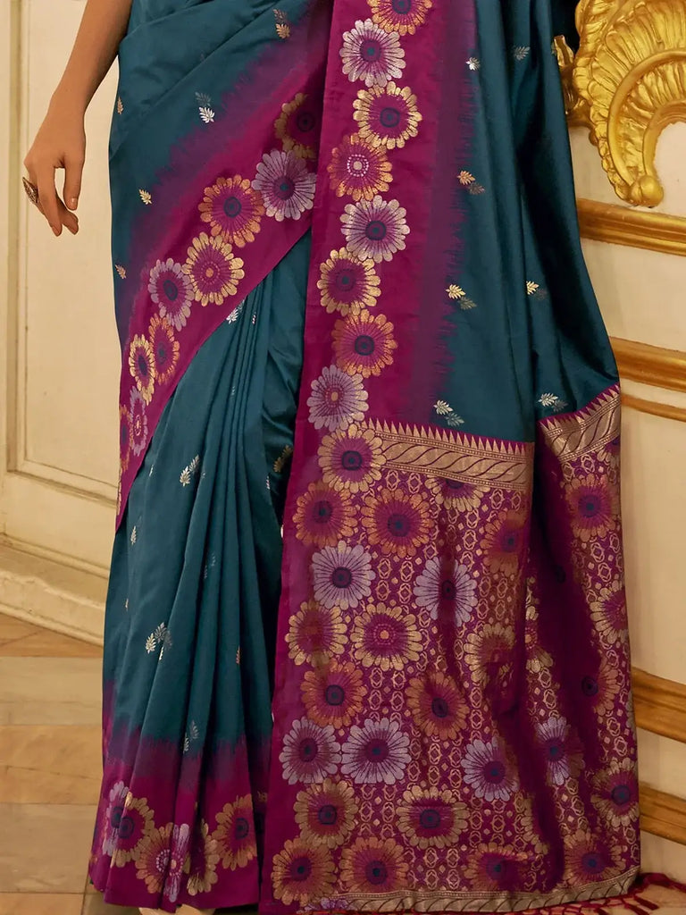 Magnetic Teal Blue Zari Weaving Banarasi Silk Saree With Blouse