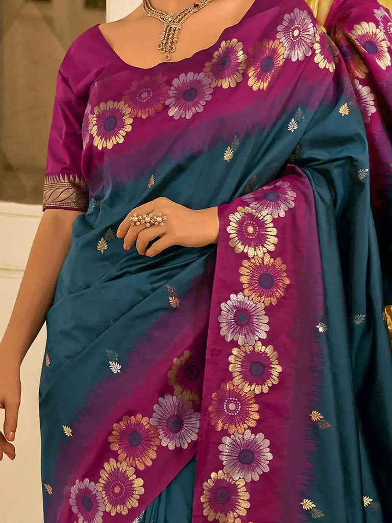 Magnetic Teal Blue Zari Weaving Banarasi Silk Saree With Blouse