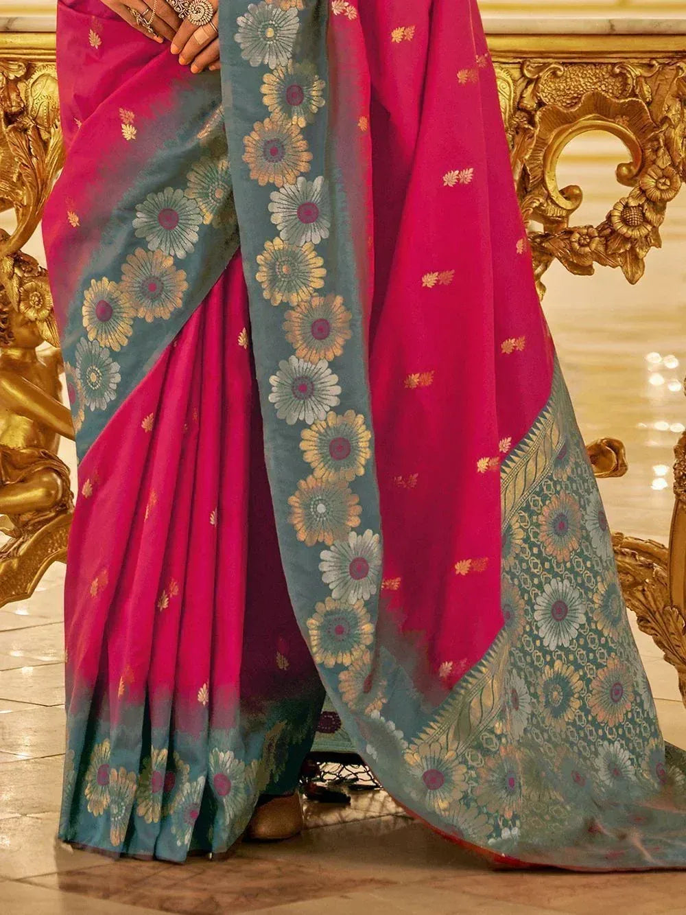 Pink and teal floral saree with gold accents, elegant Indian ethnic wear for women