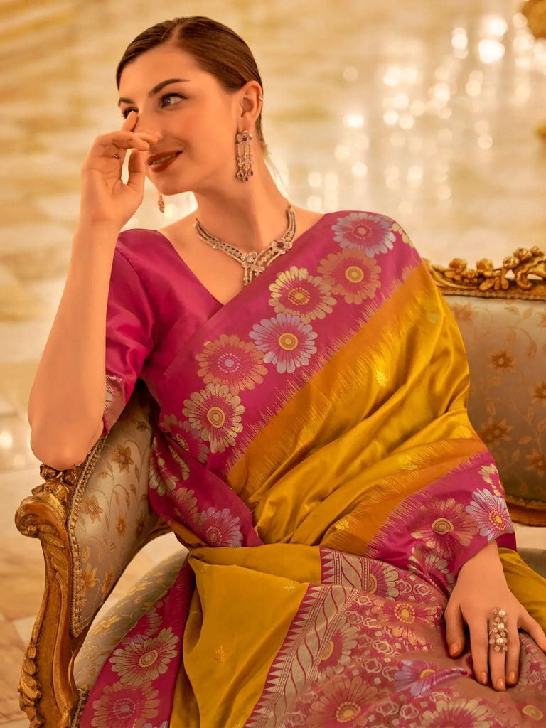 Glamorous Yellow Zari Weaving Banarasi Silk Haldi Wear Saree