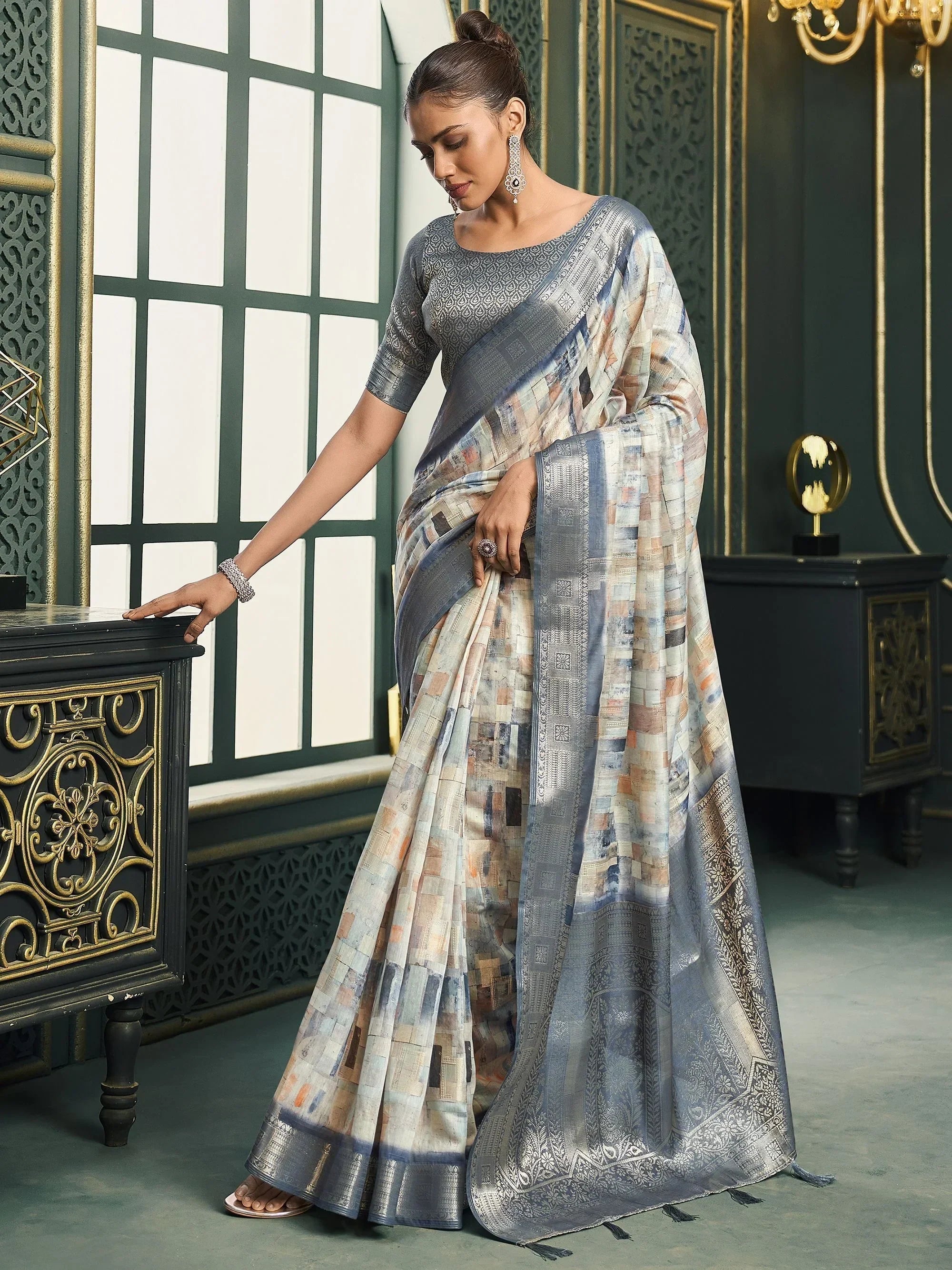 Fabulous Grey Digital Printed Cotton Traditional Saree With Blouse