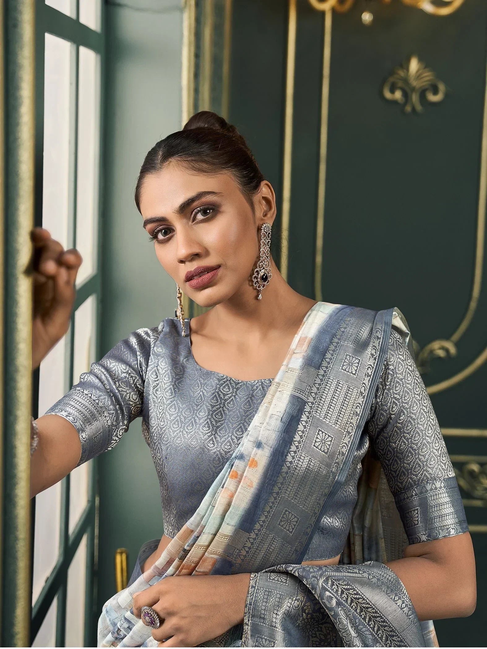 Fabulous Grey Digital Printed Cotton Traditional Saree With Blouse