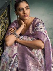 Awesome Off-White & Mauve Digital Printed Cotton Event Wear Saree