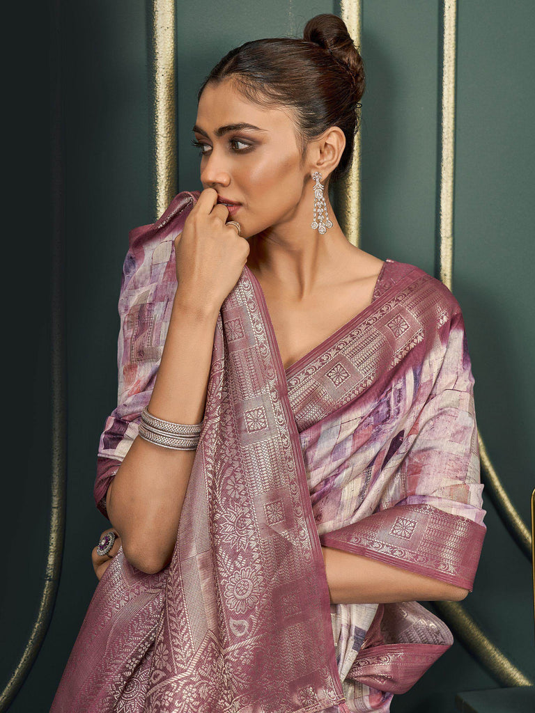 Astonishing Off-White & Dusty Pink Printed Cotton Festival Wear Saree