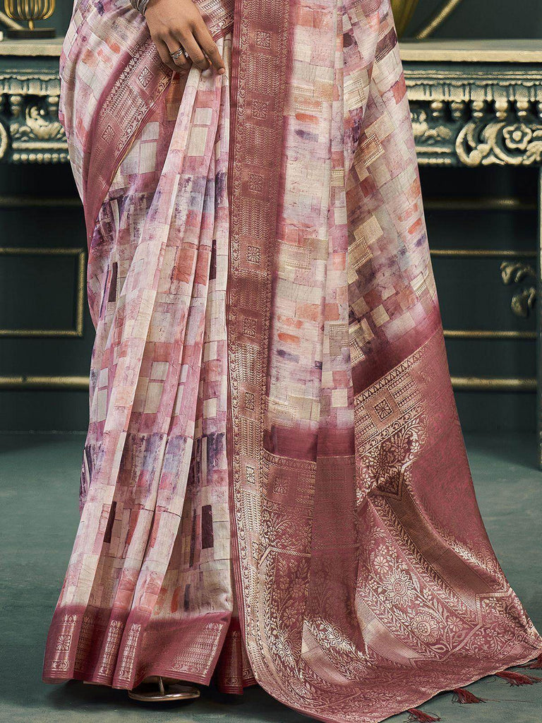 Astonishing Off-White & Dusty Pink Printed Cotton Festival Wear Saree