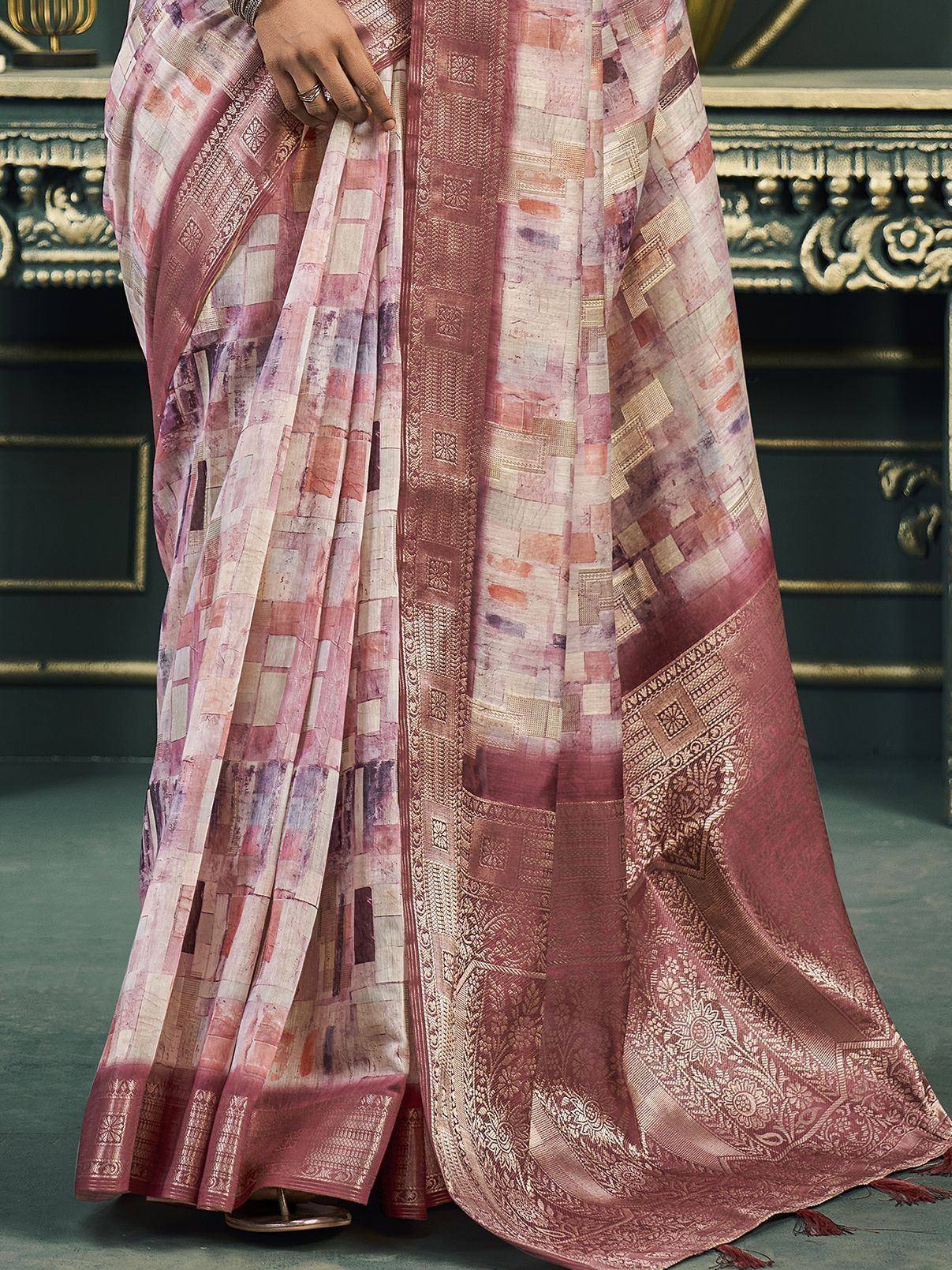 Pink and purple printed saree with intricate border, ethnic Indian wear