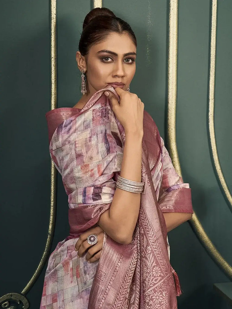 Astonishing Off-White & Dusty Pink Printed Cotton Festival Wear Saree