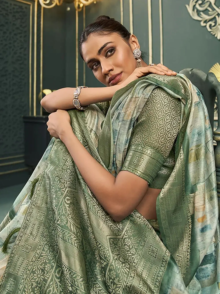 Stunning Off-White & Green Digital Printed Cotton Function Wear Saree