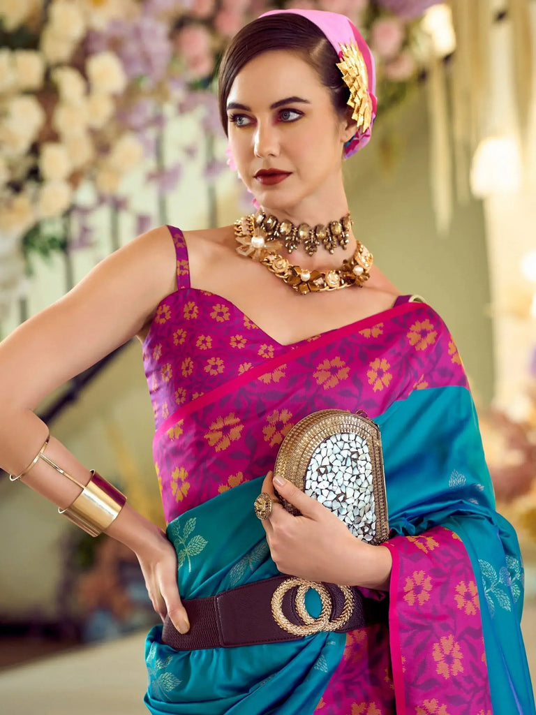 Beautiful Blue Floral Printed Silk Festival Wear Saree With Blouse