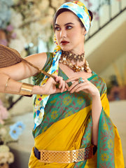 Stunning Yellow Floral Printed Silk Event Wear Saree With Blouse