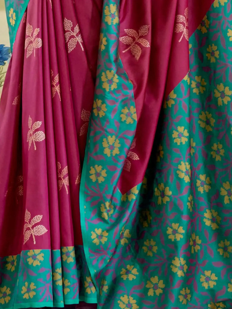 Gorgeous Magenta Floral Printed Silk Traditional Saree With Blouse