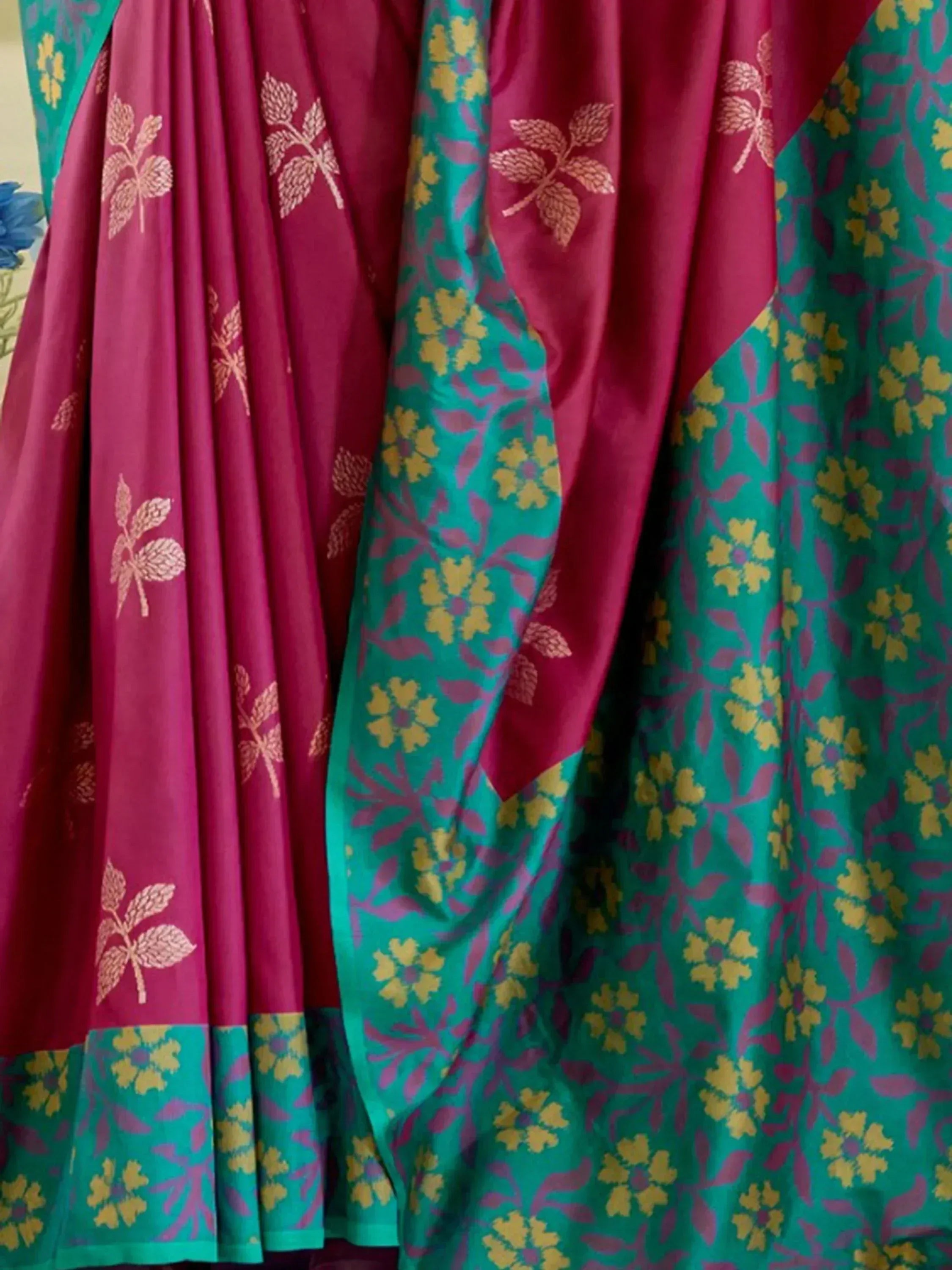 Pink and green floral printed ethnic lehenga with gold leaf motifs, perfect for Indian weddings and festivals
