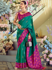Glamorous Teal Green Floral Printed Silk Event Wear Saree With Blouse