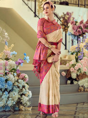 Bewitching Beige Floral Printed Silk Traditional Saree With Blouse