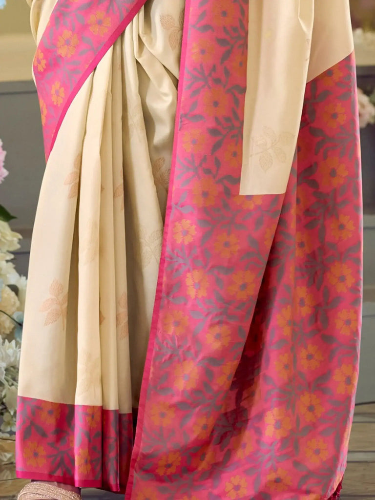 Bewitching Beige Floral Printed Silk Traditional Saree With Blouse