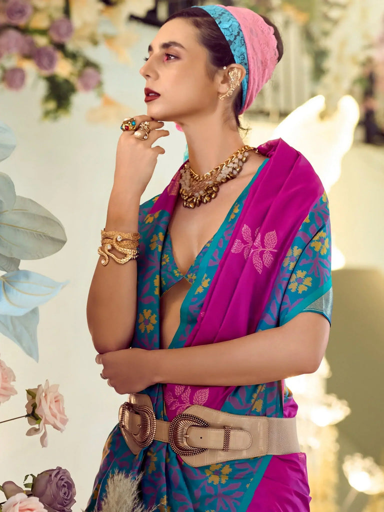 Fascinating Rani Pink Floral Printed Silk Festival Wear Saree With Blouse
