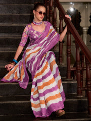 Stunning Purple Printed Cotton Office Wear Saree With Blouse
