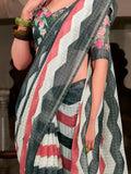 Spectacular Grey Printed Cotton Saree With Floral Printed Blouse