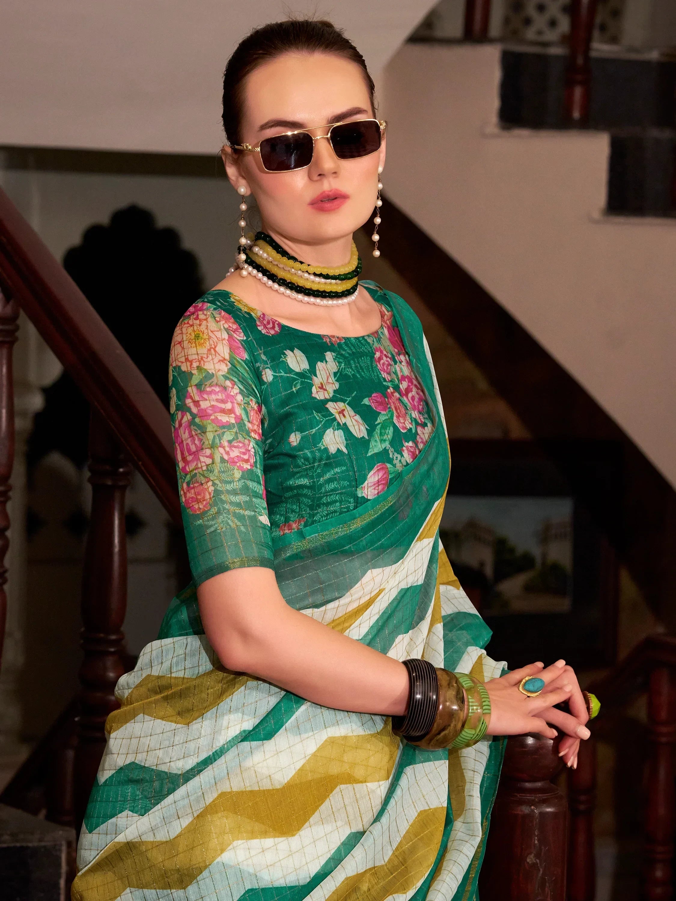 Astonishing Green Printed Cotton Office Wear Saree With Blouse