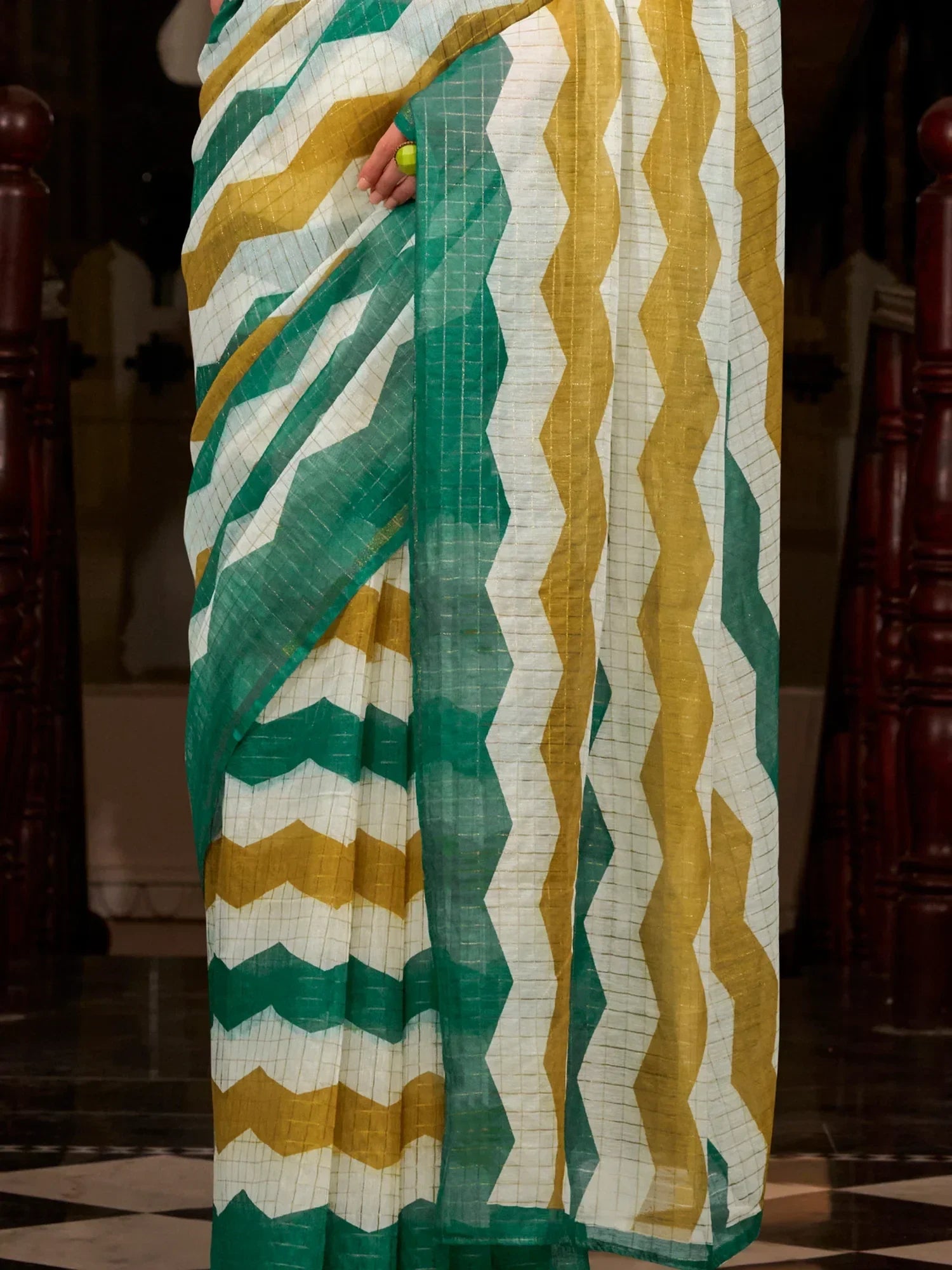 Astonishing Green Printed Cotton Office Wear Saree With Blouse