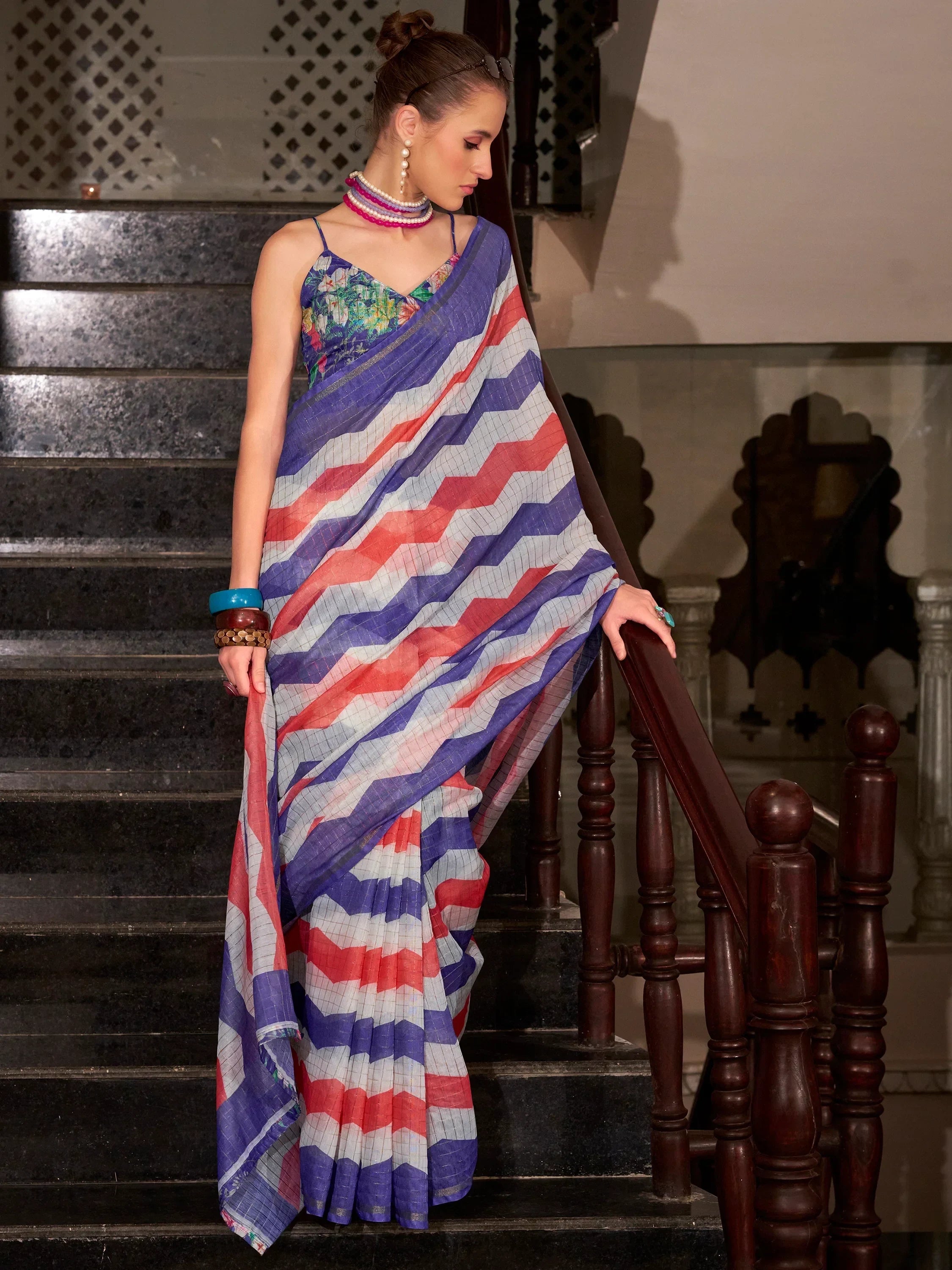 Wonderful Purple Cotton Traditional Saree With Floral Printed Blouse
