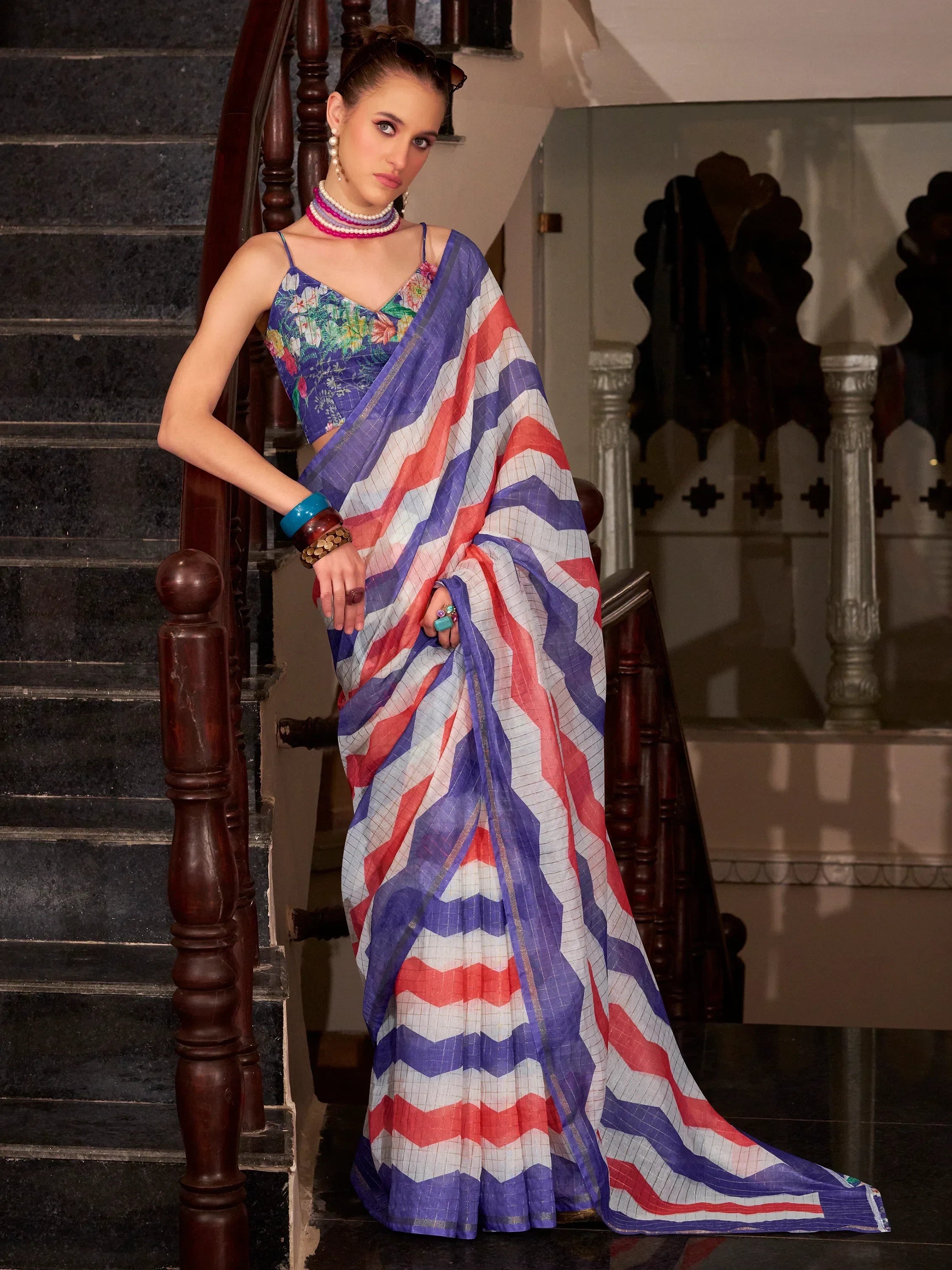 Wonderful Purple Cotton Traditional Saree With Floral Printed Blouse