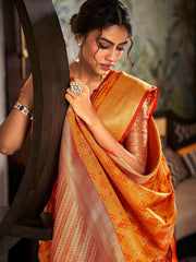 Fabulous Orange Zari Weaving Silk Haldi Wear Saree With Blouse