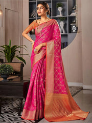 Attractive Pink Zari Weaving Silk Wedding Wear Saree With Blouse