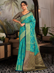 Awesome Sky Blue Zari Weaving Silk Traditional Saree With Blouse