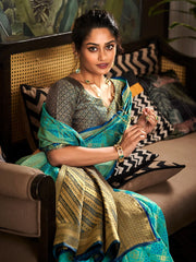 Awesome Sky Blue Zari Weaving Silk Traditional Saree With Blouse