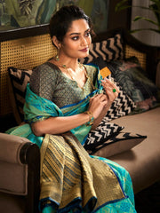 Awesome Sky Blue Zari Weaving Silk Traditional Saree With Blouse
