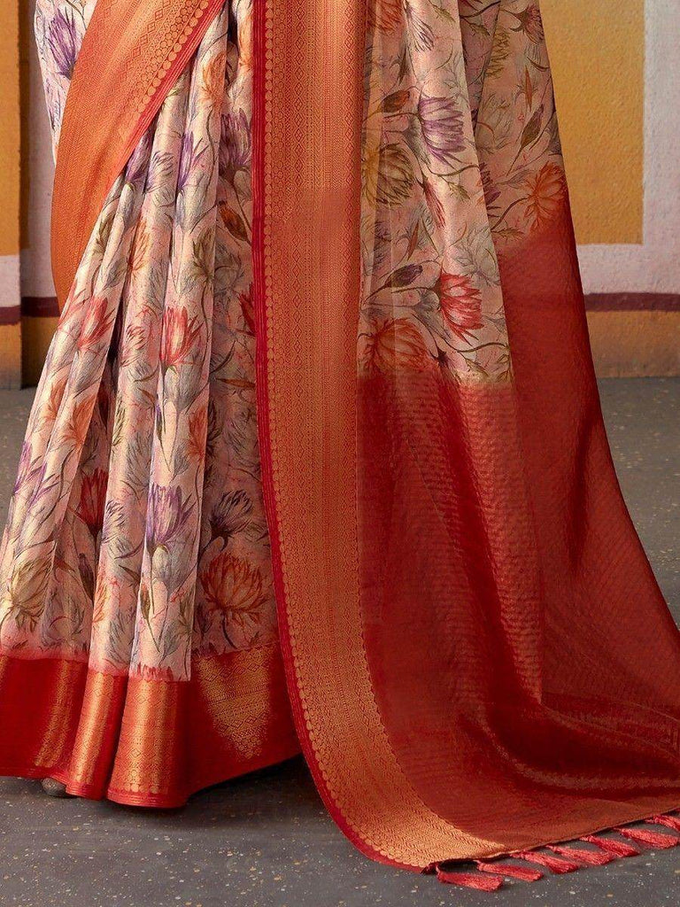 Beautiful Peach Floral Printed Silk Event Wear Saree With Blouse