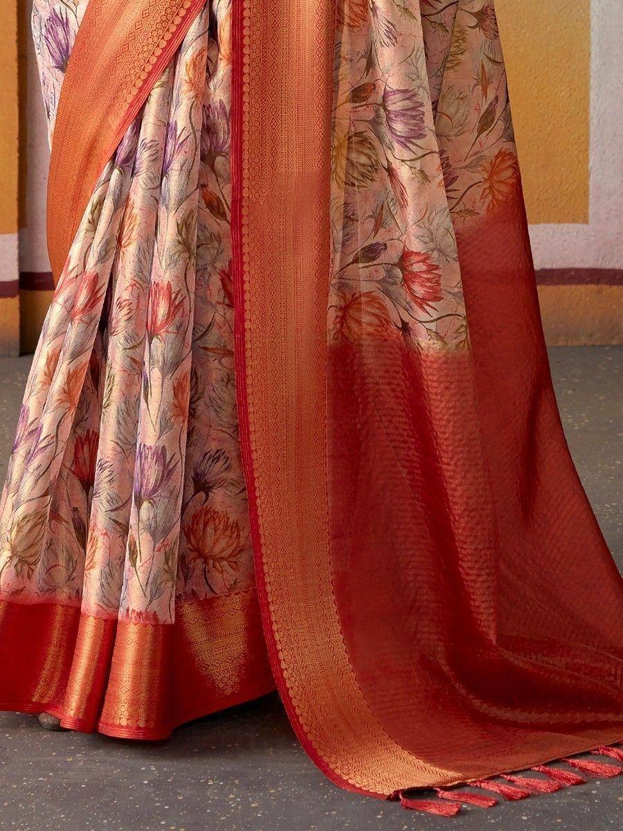 Floral print saree with red border and gold zari, Indian ethnic wear for women