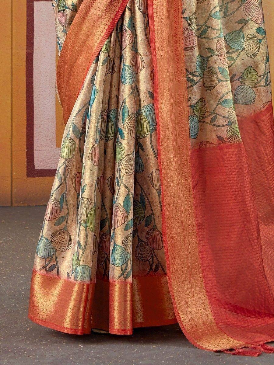 Floral printed saree with orange border, ethnic Indian wear for women