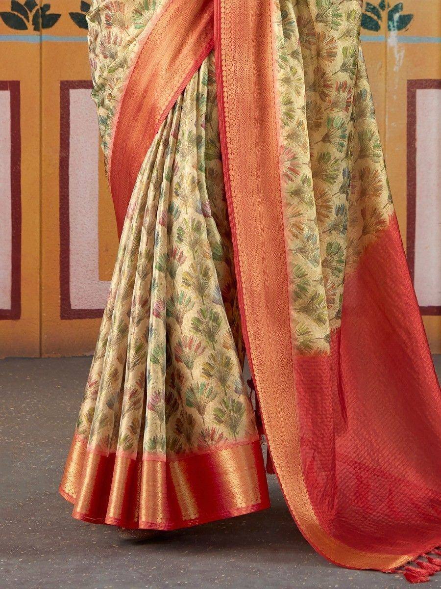 Elegant floral print saree with red border, perfect for Indian ethnic wear occasions