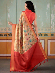Bewitching Beige Floral Printed Silk Festival Wear Saree With Blouse