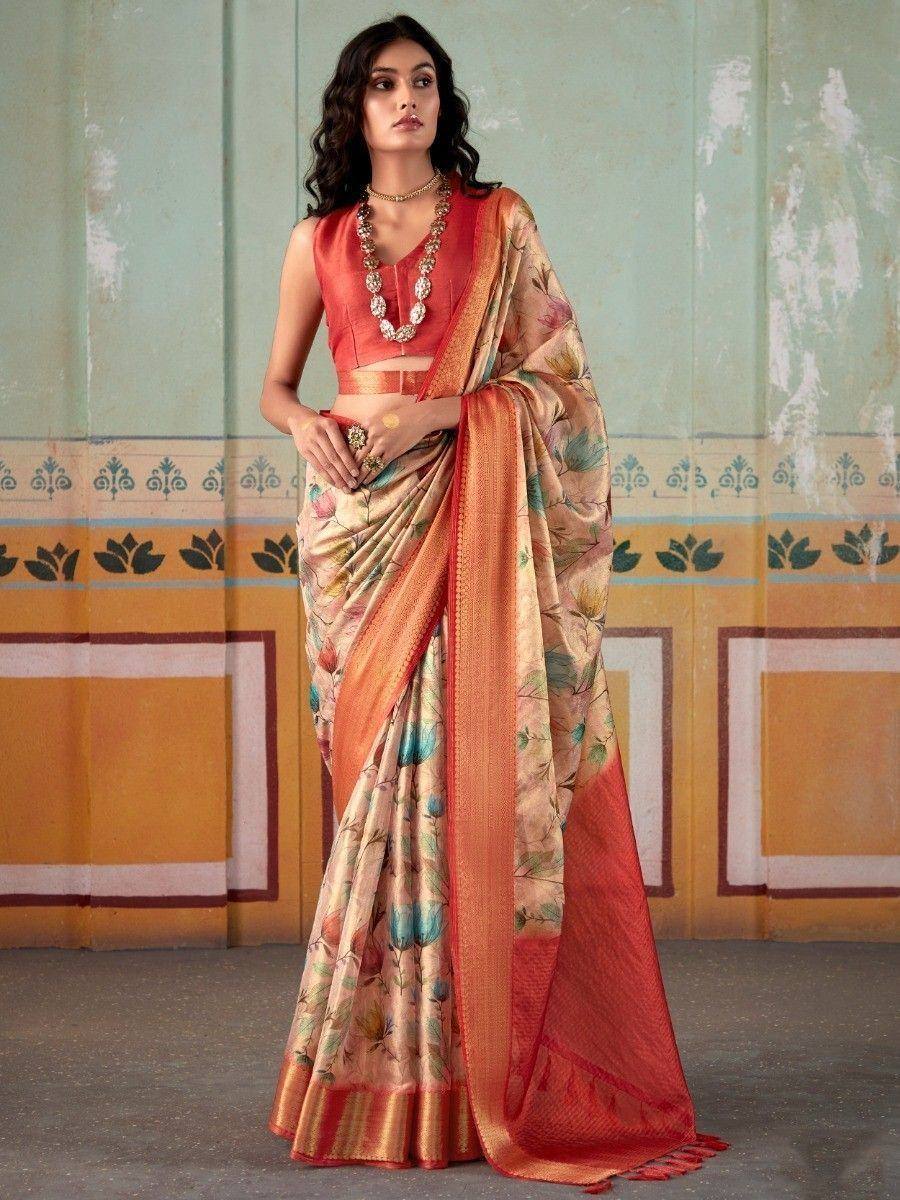 Floral print saree with orange blouse, ethnic Indian wear for women, perfect for weddings and festivals